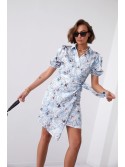 Floral print wrap dress with a collar, blue FG638 - Online store - Boutique